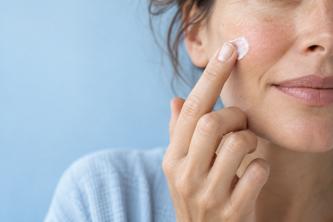 Femme appliquant une crème sur sa joue légèrement rougie, sur fond bleu doux