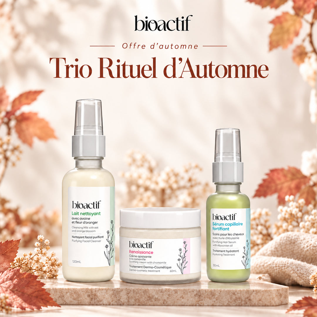 Trio Rituel d’Automne Bio-Actif avec Lait Nettoyant 120 ml, Crème Renaissance 60 ml et Sérum Capillaire 30 ml